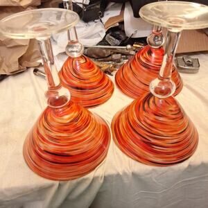 Set 4 X 7 1/2" X 6" Hand Blown Art Glasses Martini Margarita Orange Swirl Heavy